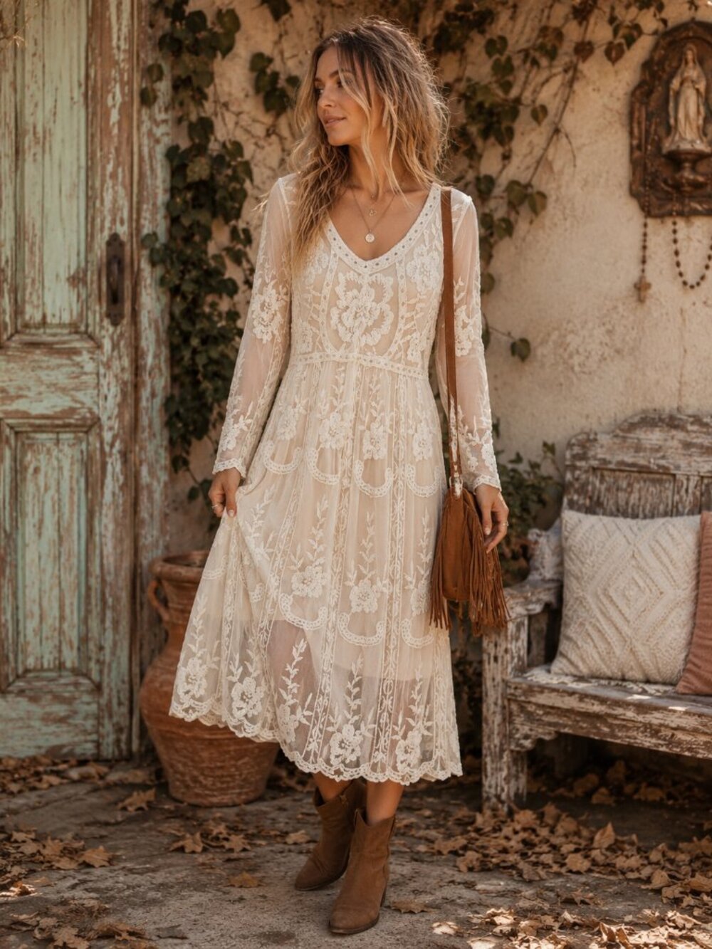 Orange Creek Ivory Embroidered Lace Midi Dress